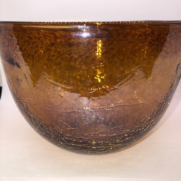 Hand Blown Large Crackle Glass Amber Bowl 9” X 6” - Picture 3 of 11